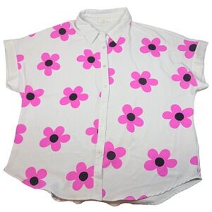 Jodifi‎ Women's Large White Pink Floral Daisy Button Up Shirt Top Retro Hawaiian